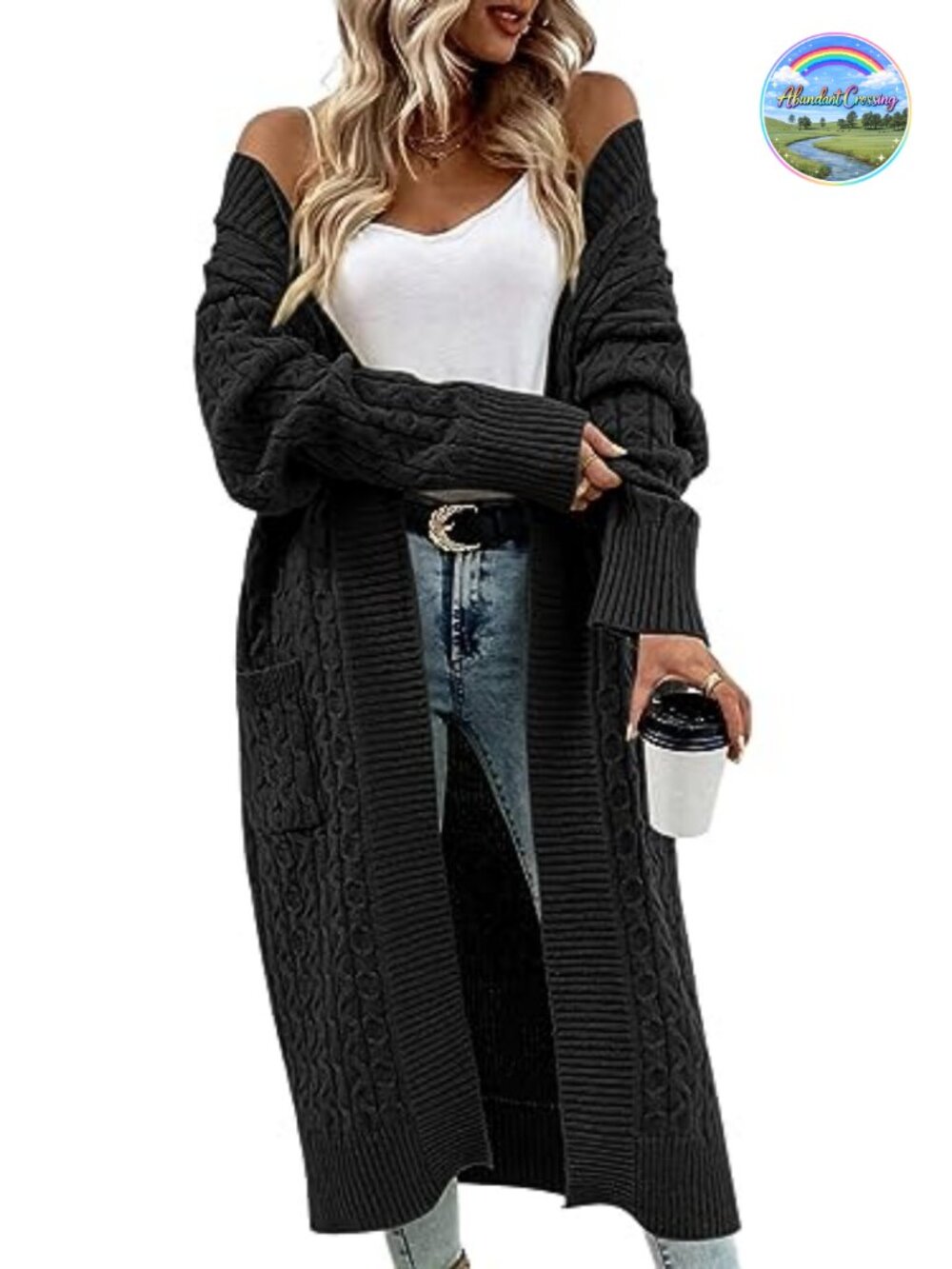 Women's Long Cable Knit Cardigan Open Front with Pockets Lightweight